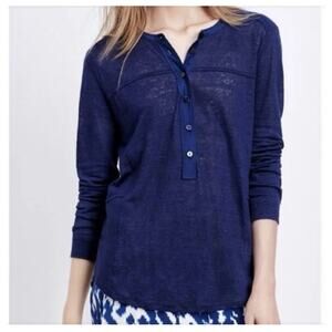 Vince Women Blue 100% Linen Henley Top Sz M Light Weight Beach Preppy Coastal